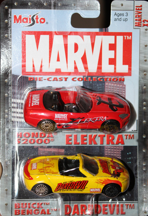 Diecast toy cars with Daredevil and Elektra paintjobs